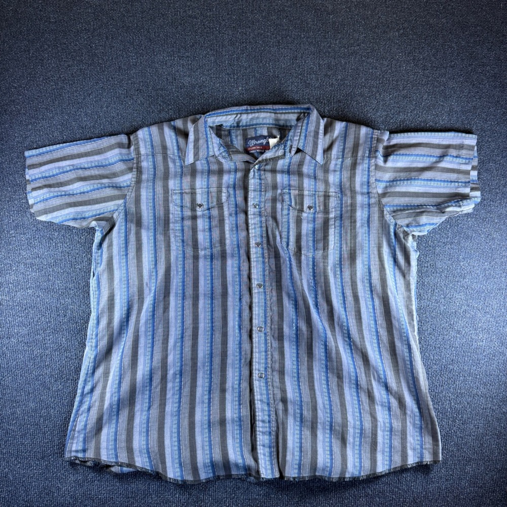Wrangler Pearl Snap Western Shirt Mens 18 XL Blue Grey Striped Short Sleeve